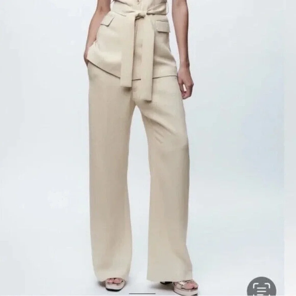 Zara Contrast Waist Linen Blend Pants Blogger favorite Women XS NEW‎ Zip Closure